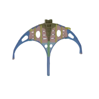 3D model of a futuristic drone frame with intricate internal structures and aerodynamic blue outer shell.
