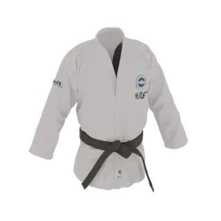3D model of a white Taekwondo dobok with a black belt, displayed front-on against a white background.