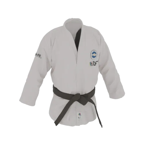 Modelo 3D de un dojok de Taekwondo blanco con cinturón negro, mostrado de frente sobre un fondo blanco.