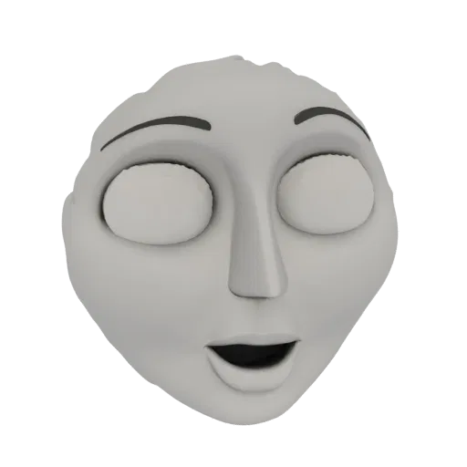 3D render of a stylized cartoon face with an open mouth and closed eyes, presented in a neutral gray material.