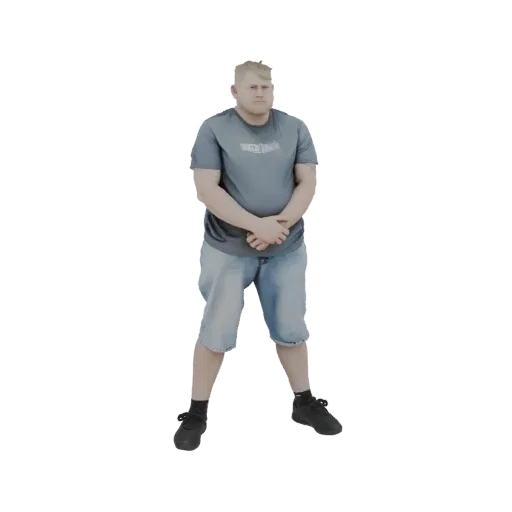 3D model of a man standing casually in a grey t-shirt and denim shorts, with hands clasped in front.