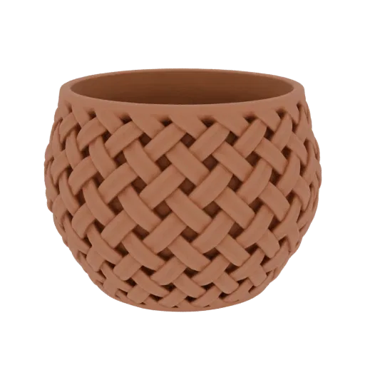 3D model of a round terracotta planter with a detailed woven basketweave pattern, isolated on a white background.