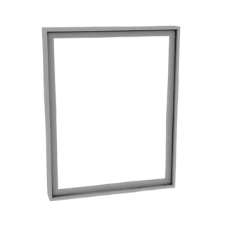 A 3D render of a modern, minimalist square window frame with a clean, light gray finish against a white background.
