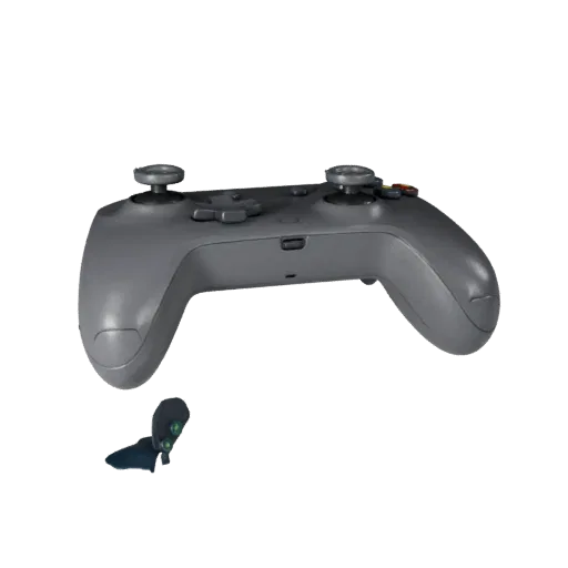 Mini Controller 3D-Modell, Dreiviertel-Frontansicht, Unity-Viewport, zeigt matten Kunststoff, Konsolenproportionen.