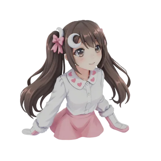 3D model of a cute anime girl with brown pigtails, wearing a pink skirt and a white blouse with a heart collar, smiling gentl