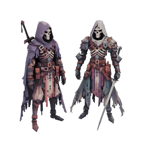 3D model of two undead knights with skeletal faces, tattered armor, and swords, rendered against a white background.