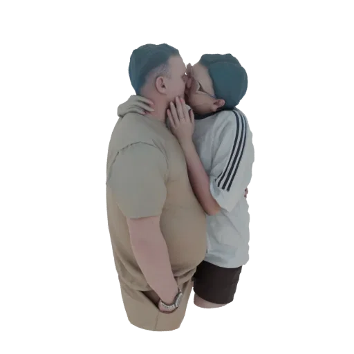 3D model of a couple embracing and kissing, rendered with a smooth, stylized finish.