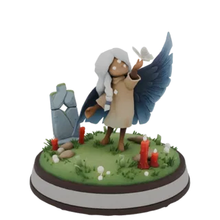 Modelo 3D de uma personagem Criança do Céu com cabelos brancos e asas azuis, estendendo a mão para uma borboleta, com uma láp
