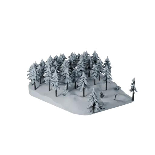 Snow Pine Forest Biome Realistic 3D model, three-quarter environment render, showing terrain layers, terrain detail.
