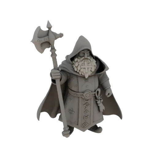 Miniatura STL de Clérigo Anão Medieval Guarda, render de mesa em três quartos, miniatura de conjurador imprimível em resina c