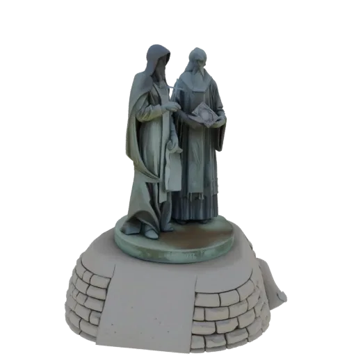 3D model of the Statue of Cyril and Methodius, depicting two robed figures holding a scroll and a book, standing on a stone b