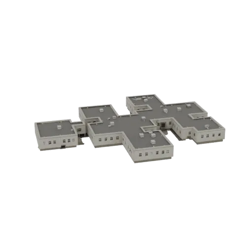 3D model of a modern hospital building with a cross-shaped layout and flat roof, viewed from a slightly elevated angle.