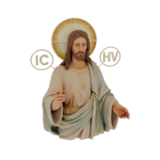 3D model of a statue of Jesus Christ with a golden halo and IC XC monograms, standing in a blessing pose.