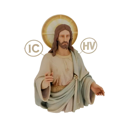 3D model of a statue of Jesus Christ with a golden halo and IC XC monograms, standing in a blessing pose.