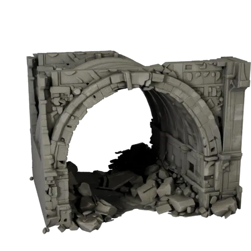 Buried City Gateway High Poly 3D model, close-up cinematic environment render, showing aged stone, built remnants.