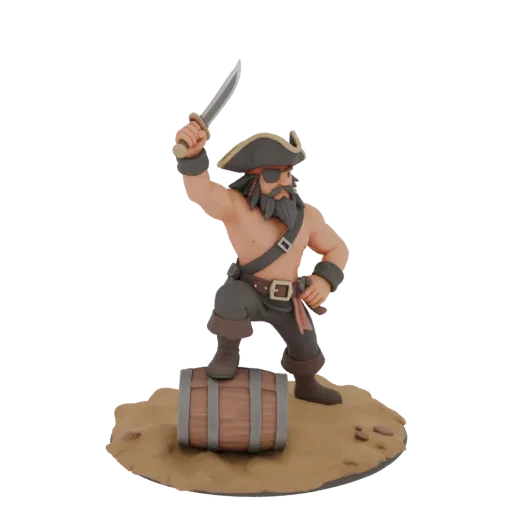 3D model of a muscular pirate with a beard, wearing a bicorne hat and eyepatch, holding a cutlass aloft while standing on a b