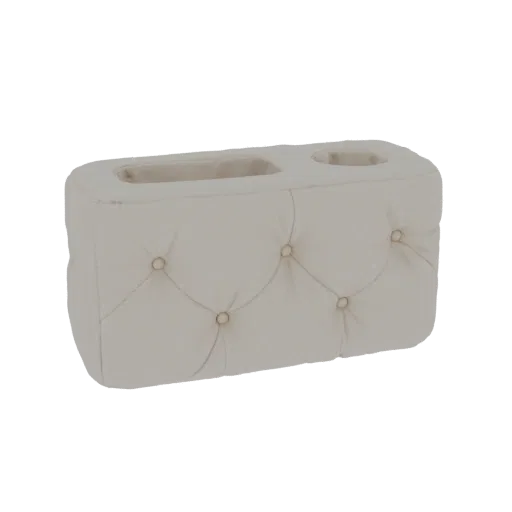 3D model of a rectangular tissue box holder with button-tufted faux leather texture and a separate circular compartment on th