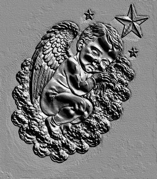 Modelo 3D de baixo-relevo de anjo adormecido em nuvem com estrelas, realizado em estilo gravura