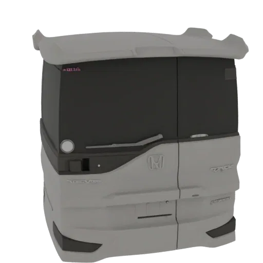 3D model render of the front view of a grey Honda N-VAN "Aqua" kei car with tinted windows and a roof spoiler.