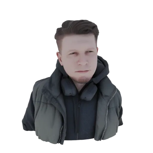 A 3D model render of a man with short brown hair, wearing a grey vest over a dark hoodie, with black headphones around his ne
