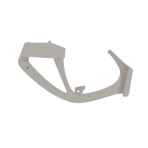 A 3D model of a minimalist, light gray curved bracket, designed for shelving, shown against a black background.