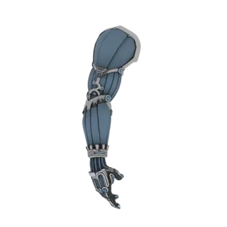 Modelo 3D de un brazo robótico futurista con carcasa segmentada azul y mano articulada detallada, sobre fondo blanco.
