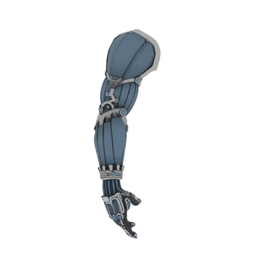 3D model of a futuristic robotic arm with a blue segmented casing and a detailed articulated hand, set against a white backgr