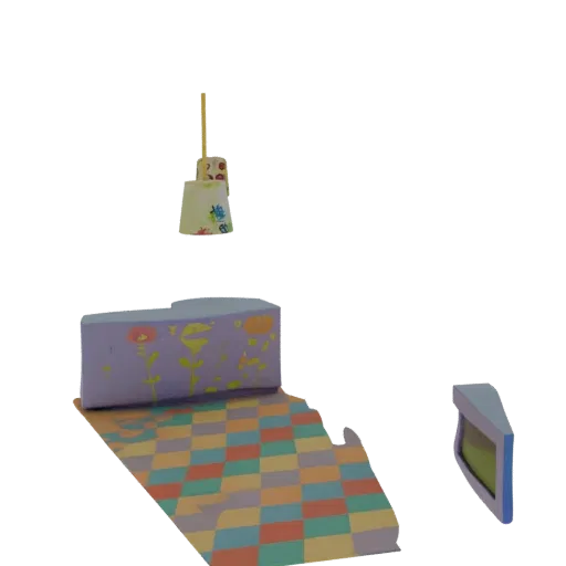 Render 3D de um quarto de casa de bonecas com parede floral roxa, piso xadrez colorido e luminária pendente.