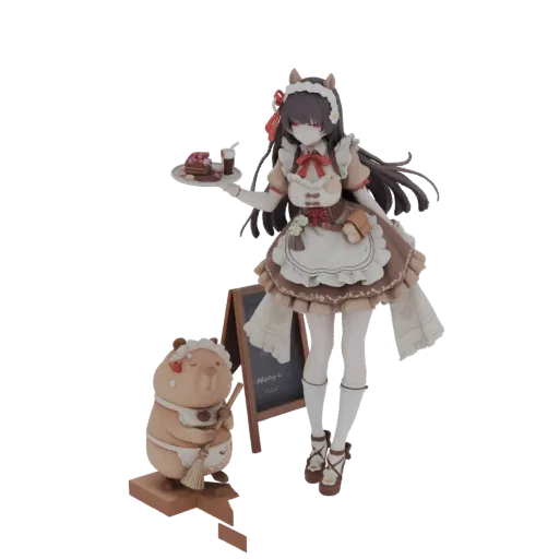 3D model of an anime maid in a brown and white uniform holding a cake and drink, with a capybara assistant by her side.
