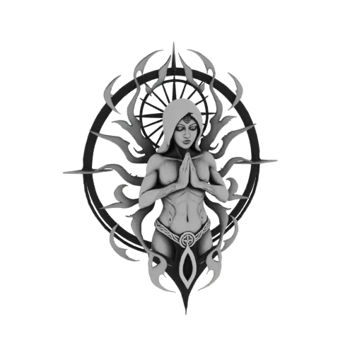 3D model of a mystic figure in prayer with hands together, surrounded by a sharp, radiating halo.