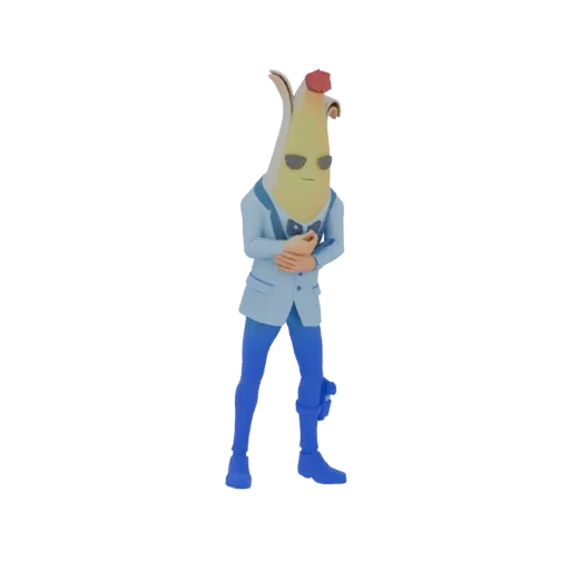 3D model of the Peely character wearing a blue suit, bowtie, and sunglasses, standing with hands clasped.