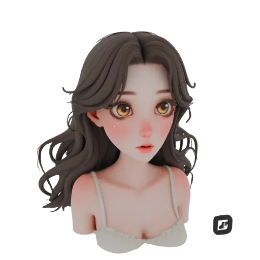 Rendering 3D di un busto stilizzato di ragazza anime con grandi occhi ambrati, capelli castani mossi e una canottiera bianca.