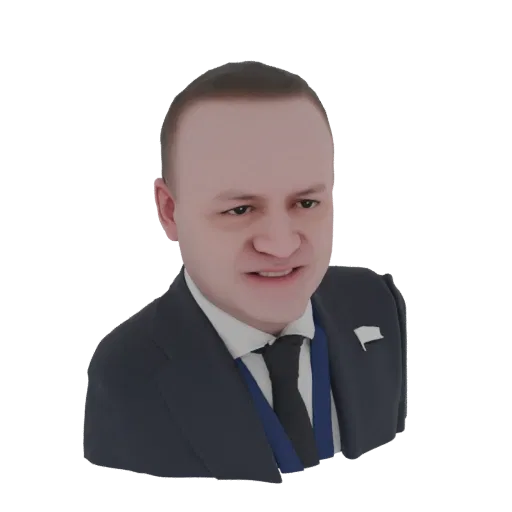 3D model of a man wearing a dark suit, white shirt, and black tie, with a neutral expression.