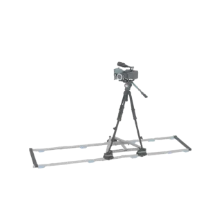3D model of a professional video camera on a tripod, positioned on a camera slider dolly, against a black background.