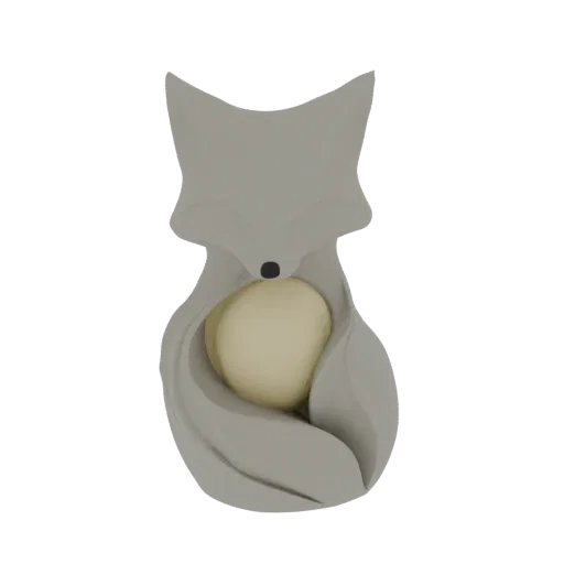 3D model of a stylized gray fox with flowing lines, gently embracing a pale golden egg.