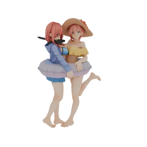3D model of two anime sisters in summer swimsuits, embracing with an inflatable ring.