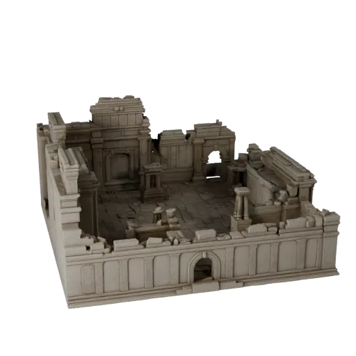 Ancient Temple Courtyard Unreal Engine 3D model, top-down viewport view, showing aged stone, built remnants.