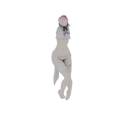 3D model of an anime schoolgirl in a white cropped uniform and thigh-high stockings, posed dynamically.
