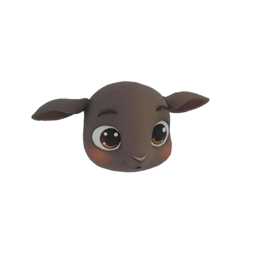 3D model of a cute brown sheep's head with large eyes and rosy cheeks, facing forward with ears slightly spread.