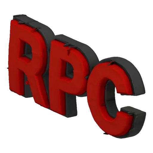 3D model of red "RPC" text with black outline on black background