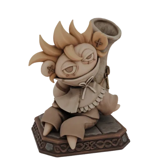 3D model of a creepy doll with stitched features, a horn, and an ornate base, rendered in a stone-like texture.