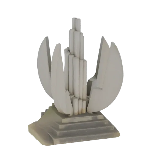 Modelo 3D de uma escultura estilizada de arranha-céu Art Déco com uma torre central e elementos curvos flanqueadores, contra