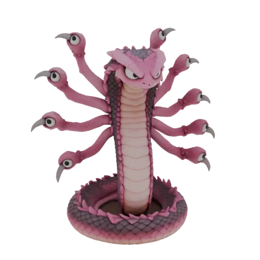 3D Model of Techno-Cobra Oksana, a pink fantasy creature with many arms and eyes, standing on its tail