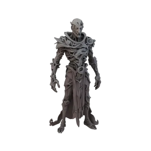 Modello 3D di un mago del caos distorto, con corpo a vortice e volto che rappresenta l'entropia, su sfondo bianco.