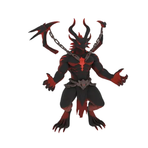 3D model of a demonic dragon warrior with black skin, glowing red accents, horns, and heavy chains.