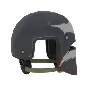 A weathered, dark grey military helmet with white and red markings, shown from a side angle against a black background.