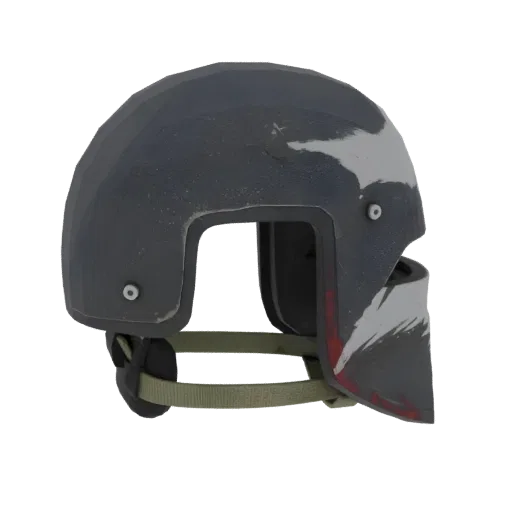 A weathered, dark grey military helmet with white and red markings, shown from a side angle against a black background.