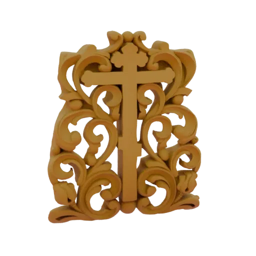 A 3D model of an ornate Eastern Orthodox cross with intricate floral carvings, presented on a black background.