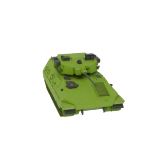 A 3D render of a lime green armored personnel carrier with a detailed turret and tracks, set against a white background.