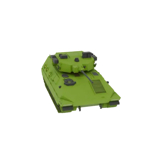 A 3D render of a lime green armored personnel carrier with a detailed turret and tracks, set against a white background.